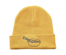 Load image into Gallery viewer, Mustard beanie with Navy thread embroidery.