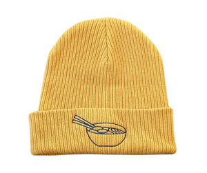 Mustard beanie with Navy thread embroidery.