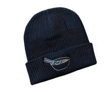 Load image into Gallery viewer, Navy beanie with white thread embroidery.