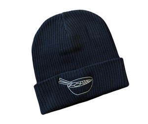 Navy beanie with white thread embroidery.